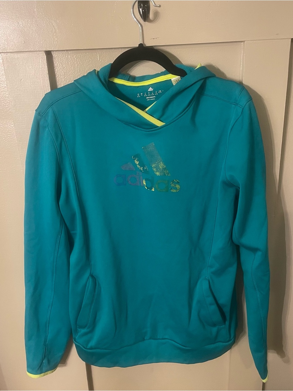 adidas Teal Hooded Sweatshirt with Neon Yellow Trim - XL